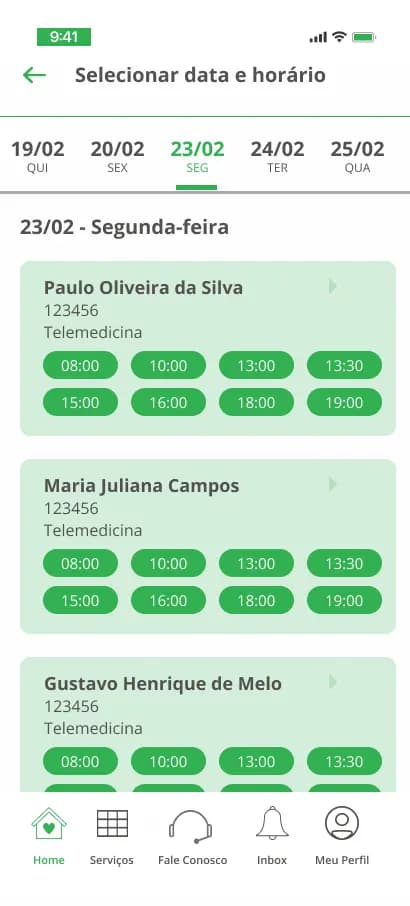 Tela de seleção de data e horário da consulta