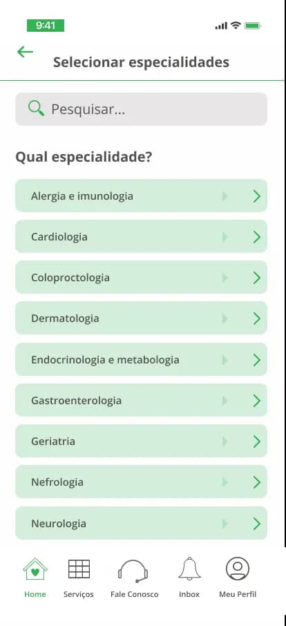 Tela de seleção de especialidades do aplicativo